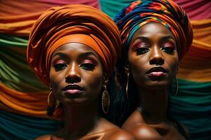 ai gerado retrato do dois africano mulheres dentro turbantes. Preto história mês Projeto foto