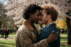 ai gerado gay casal abraçando dentro a parque foto