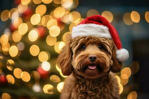 ai gerado cachorro vestindo vermelho santa claus chapéu Natal árvore dentro a fundo, generativo ai. foto