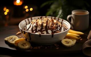 ai gerado chocolate pudim com banana em Sombrio fundo foto