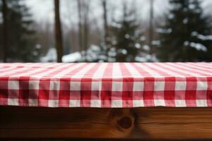 ai gerado uma vermelho xadrez toalha de mesa em uma de madeira mesa, conjunto contra uma de madeira fundo foto