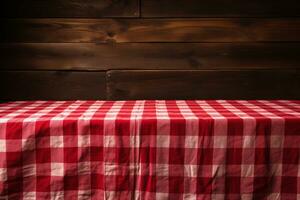 ai gerado uma vermelho xadrez toalha de mesa em uma de madeira mesa, conjunto contra uma de madeira fundo foto