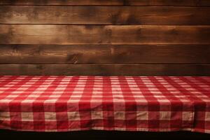 ai gerado uma vermelho xadrez toalha de mesa em uma de madeira mesa, conjunto contra uma de madeira fundo foto