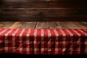 ai gerado uma vermelho xadrez toalha de mesa em uma de madeira mesa, conjunto contra uma de madeira fundo foto