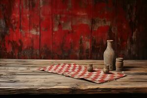 ai gerado uma vermelho xadrez toalha de mesa em uma de madeira mesa, conjunto contra uma de madeira fundo foto