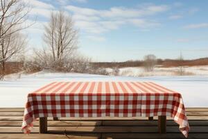 ai gerado uma vermelho xadrez toalha de mesa em uma de madeira mesa, conjunto contra uma de madeira fundo foto