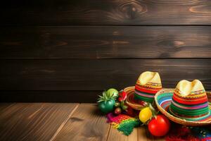 ai gerado mexicano chapéus e legumes em uma de madeira mesa foto