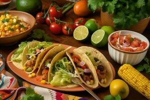 ai gerado mexicano Comida é servido em uma de madeira mesa foto