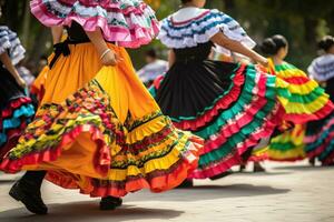 ai gerado mexicano mulheres dentro colorida vestidos dançando em a rua foto