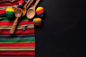 ai gerado mexicano de madeira colheres e colorida pano em Preto fundo foto