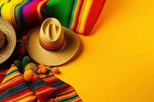 ai gerado mexicano chapéus e colorida pano em amarelo fundo foto
