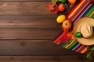 ai gerado mexicano Comida em de madeira mesa com sombreiro, tomates, e de outros ingredientes foto