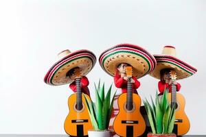 ai gerado mexicano guitarra estatuetas com mexicano chapéus e plantas foto