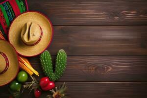 ai gerado mexicano Comida e mexicano chapéus em de madeira fundo foto