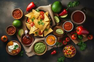 ai gerado mexicano Comida com salgadinhos, salsa, guacamole e de outros ingredientes foto