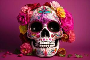 ai gerado uma crânio com colorida flores em uma roxa fundo foto