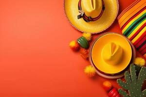 ai gerado colorida mexicano chapéus e cacto em laranja fundo foto