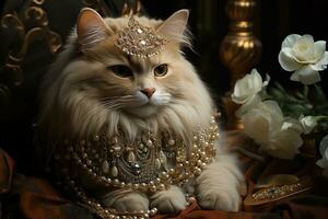 ai gerado coroado gatinha charme rainha gato dentro realista foto generativo ai
