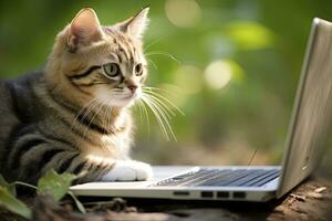ai gerado pequeno gatinha trabalhando em a computador portátil dentro ao ar livre fundo foto