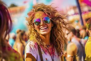 ai gerado retrato do sorridente jovem mulher vestindo oculos de sol coberto com holi cor foto