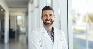 ai gerado retrato do maduro masculino médico vestindo branco casaco em pé dentro hospital laboratório foto