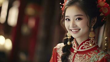ai gerado chinês lindo sorridente menina com chinês tradicional cheongsam vestir em chinês Novo ano fundo foto