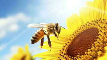 ai gerado fechar-se do uma girassol e uma abelha polinizando uma lindo flor em uma ensolarado dia foto