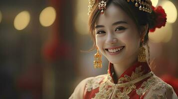 ai gerado chinês lindo sorridente menina com chinês tradicional cheongsam vestir em chinês Novo ano fundo foto