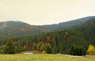 outono rural panorama com montanhas picos em fundo foto