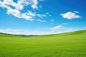 ai gerado verde Relva Colina e azul céu foto