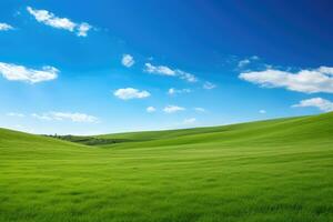 ai gerado verde Relva Colina e azul céu foto