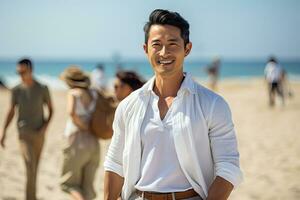 ai gerado feliz homem em pé em a de praia foto