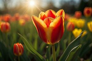 ai gerado vermelho tulipa Flor no meio amarelo esplendor foto