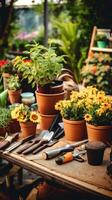 ai gerado grupo do jardim Ferramentas deitado em uma mesa cercado de panelas e plantas foto