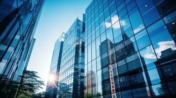 ai gerado vidro arranha-céu refletindo a azul céu e em torno da edifícios foto