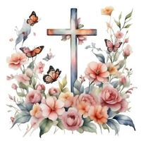 ai gerado aguarela cristão Cruz dentro flores em branco fundo foto
