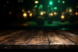 ai gerado madeira mesa com caloroso luzes fundo foto