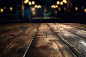 ai gerado madeira mesa com caloroso luzes fundo foto