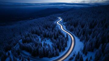 ai gerado cheio de curvas estrada de dia a partir de acima, dentro a meio do uma neve coberto floresta foto