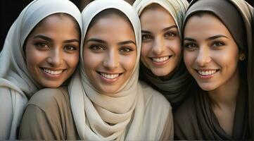 ai gerado lindo grupo do muçulmanos mulheres sorridente e rindo vestindo uma hijab e decorado xaile foto