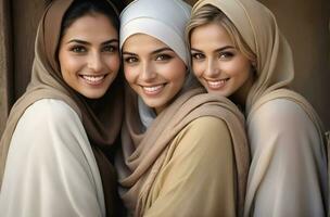 ai gerado lindo grupo do muçulmanos mulheres sorridente e rindo vestindo uma hijab e decorado xaile foto