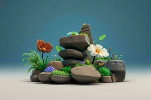 ai gerado 3d exibição pódio pedra com flores, verde folhas, e Rocha para apresentação do a produtos. pró foto