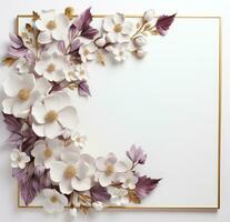 ai gerado uma quadro, Armação decorado com roxa e branco flores foto