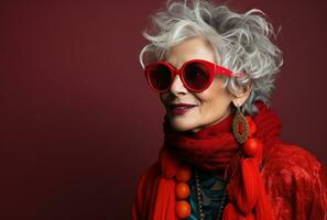 ai gerado uma avó com cinzento cabelo vestindo vermelho oculos de sol foto