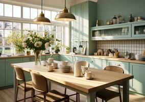 ai gerado uma lindo verde cozinha com de madeira bancadas foto