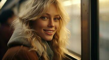 ai gerado uma loiro menina sorrisos Fora do uma janela Como ela embarcado uma trem foto