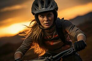 ai gerado uma mulher é equitação dela bicicleta dentro frente do uma pôr do sol foto
