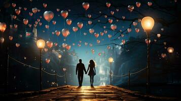 ai gerado uma casal segurando mãos caminhando baixa uma caminho forrado com coração em forma balões debaixo uma Claro céu foto