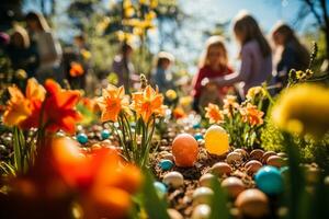 ai gerado uma vibrante cena do crianças e famílias participando dentro a Páscoa ovo caçar dentro uma jardim cheio do Primavera flores foto