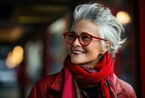 ai gerado a Mais velho mulher com cinzento cabelo, óculos e vermelho cachecol é sorridente foto